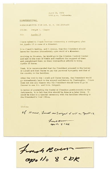 Frank Borman Signed Memo Describing the Presidential Contingency Plan for Apollo 13 -- Borman Writes, If Haise, Lovell and Swigert died on Apollo 13 -- With Novaspace COA