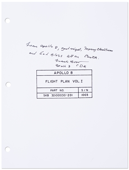 Frank Borman Signed Copy of the Apollo 8 Flight Plan, With His Christmas Message