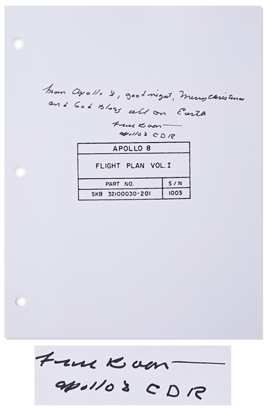 Frank Borman Signed Copy of the Apollo 8 Flight Plan, With His Christmas Message