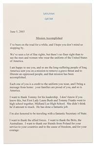 George W. Bush Signed ''Mission Accomplished'' Speech Delivered on 5 June 2003 to U.S. Soldiers Fighting in the Second Iraq War -- With Beckett COA