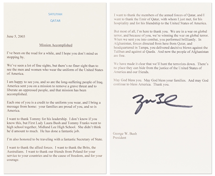 George W. Bush Signed Mission Accomplished Speech Delivered on 5 June 2003 to U.S. Soldiers Fighting in the Second Iraq War -- With Beckett COA