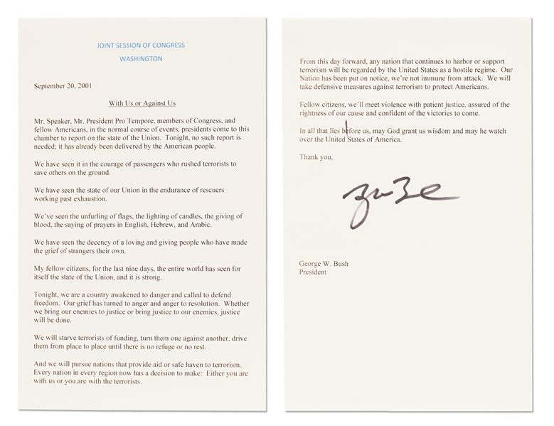 George W. Bush Signed Speech Delivered to Congress on 20 September 2001 -- Bush Calls on Nations to Choose a Side: Either you with us or you are with the terrorists -- With Beckett COA