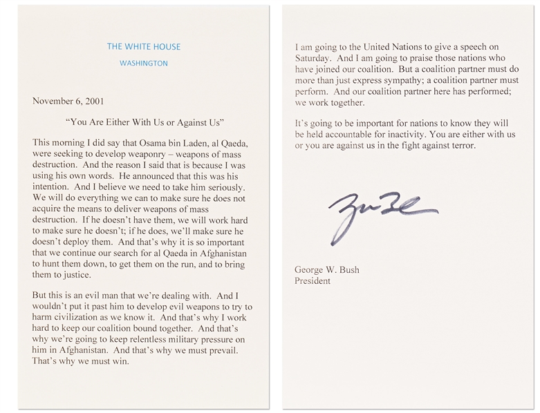 George W. Bush Signed Speech Delivered to Congress on 20 September 2001 -- Bush Calls on Nations to Choose a Side: Either you with us or you are with the terrorists