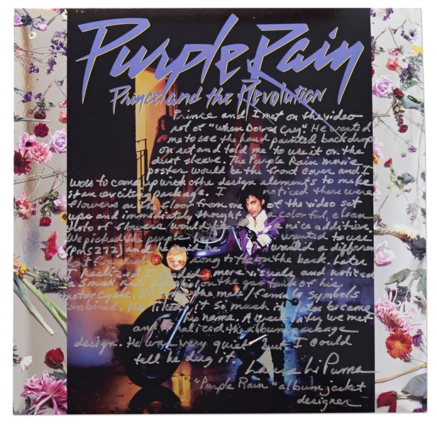 Purple Rain Designer Laura LiPuma Signed Album Cover with Handwritten Details on Its Iconic Design -- ...We picked the purple he wanted to use (PMS 272)...