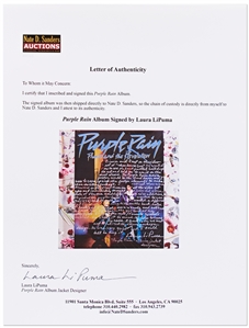 'Purple Rain'' Designer Laura LiPuma Signed Album Cover with Handwritten Details on Its Iconic Design -- ''...We picked the purple he wanted to use (PMS 272)...''