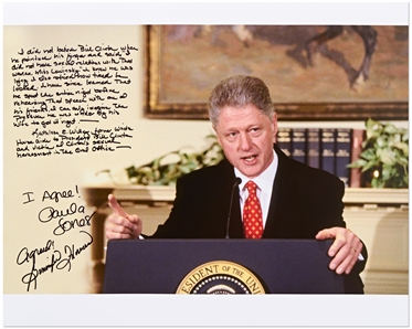 Gennifer Flowers, Paula Jones & Kathleen Willey Signed 20 x 16 Photo of Bill Clinton During the Infamous Finger Wagging Press Conference