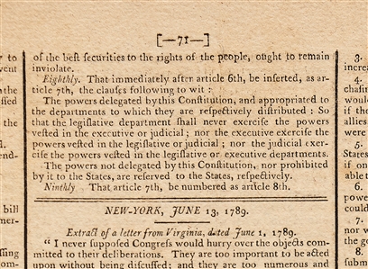 The Bill of Rights in Print: The ''Gazette of the United States'' from 13 June 1789 Just Five Days After James Madison Introduced the New Amendments to Congress