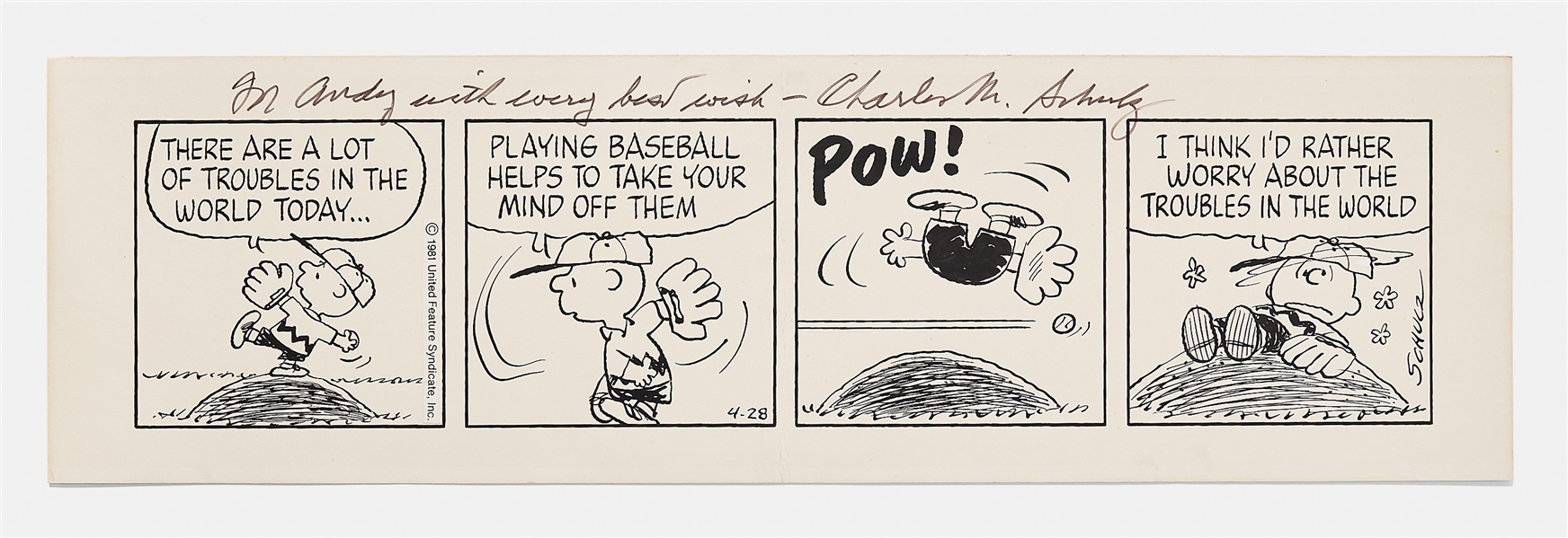 Original Charles Schulz Hand-Drawn Peanuts Strip with Baseball Content Featuring Charlie Brown on the Pitchers Mound