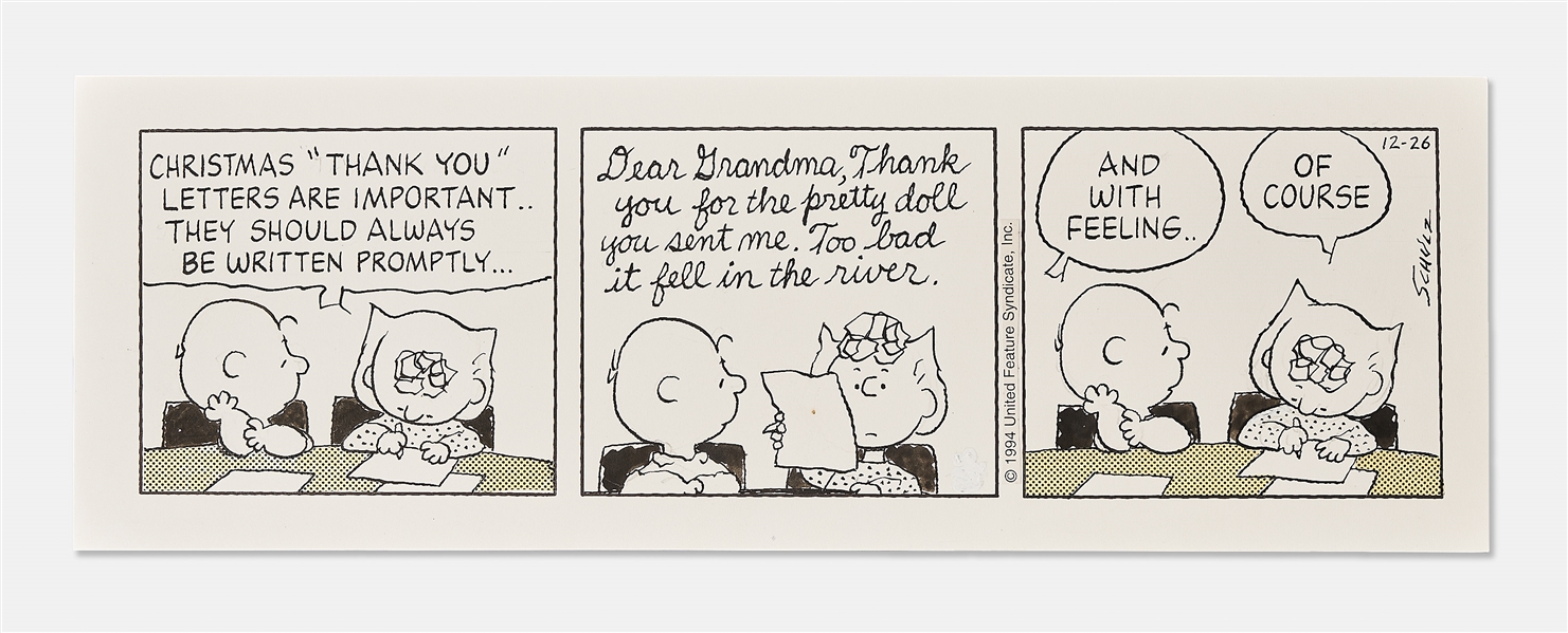 Charles Schulz Original Hand-Drawn Christmas-Themed Peanuts Comic Strip -- Charlie Brown and Sally Handwrite a Funny Thank You Letter in Cursive