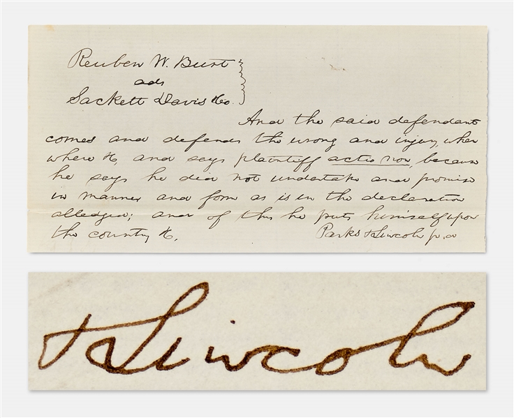 Abraham Lincoln Autograph Manuscript Signed from 1859 -- Lincoln Defends a Man Who Didnt Pay His Bill Because the Merchandise Was Overvalued