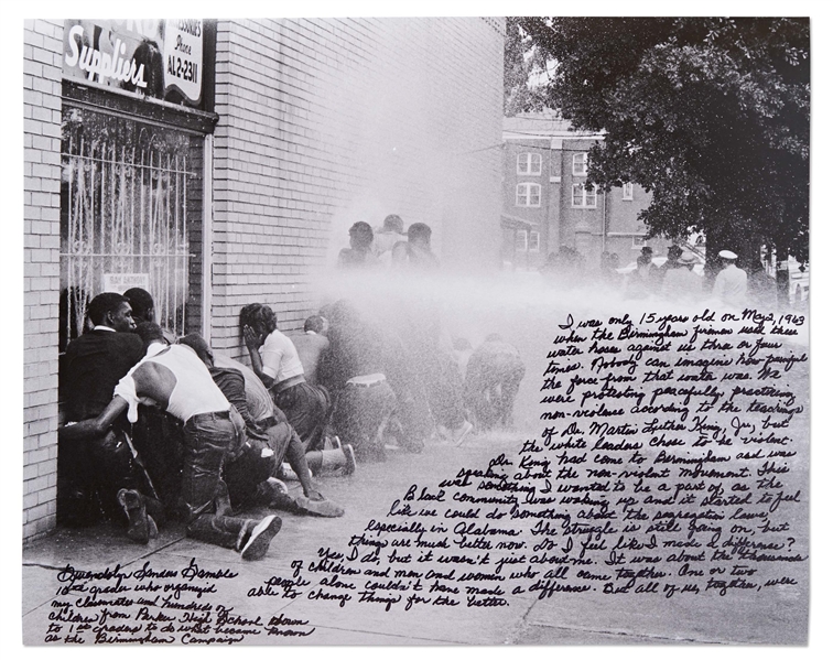 Incredible 20 x 16 Photo Essay Handwritten & Signed by Gwendolyn Sanders, Who Led the 1963 Student Protest in Birmingham, Alabama -- ...Birmingham firemen used these water hoses against us...