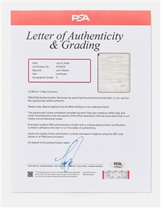 John Wayne Signed Medical Document from 1967 to Physically Insure Him for Filming ''The Green Berets'' -- With PSA COA, Signature Graded 8