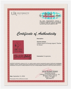 Charles Schulz Signed & Hand-Drawn Sketch of Snoopy -- Measures 7.5'' x 9'' Without Inscription -- With University Archives COA