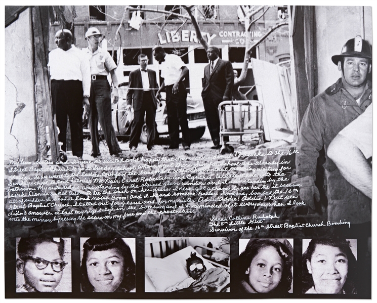 Sarah Collins Handwritten & Signed 20 x 16 Photo Essay on Surviving the 16th Street Church Baptist Bombing in 1963 -- Collins is The 5th Little Girl Lone Survivor