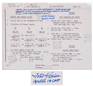 Fred Haise Signed Apollo 13 Flight Plan Notes -- With Additional Writing by Haise on Their Significance, Noting that our recovery could have been different!