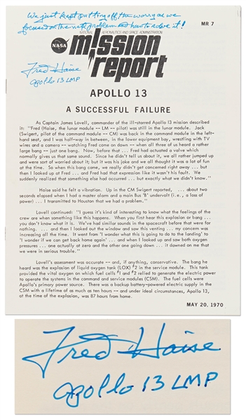Fred Haise Signed Apollo 13 Mission Report with Handwritten Note on Surviving the Mission -- ...we focused on the next problem and how to solve it!