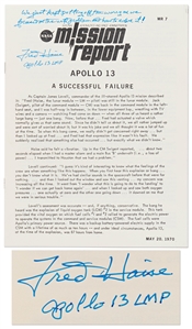 Fred Haise Signed Apollo 13 Mission Report with Handwritten Note on Surviving the Mission -- ...we focused on the next problem and how to solve it!