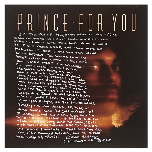 Princes First Album For You with Handwritten Recollection by Owen Husney, the Man Who Discovered Prince -- ...The musicianship was top notch, the guitar was funky as hell...