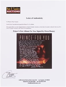 Prince's First Album ''For You'' with Handwritten Recollection by Owen Husney, the Man Who Discovered Prince -- ''...The musicianship was top notch, the guitar was funky as hell...''