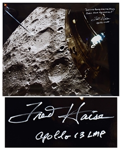 Fred Haise Signed 20 x 16 Dramatic Photo of the Moon from the Lunar Module -- Haise Writes, Getting ready for the PC+2 burn from Aquarius!