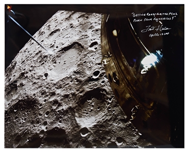 Fred Haise Signed 20'' x 16'' Dramatic Photo of the Moon from the Lunar Module -- Haise Writes, ''Getting ready for the PC+2 burn from Aquarius!''