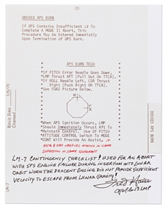 Fred Haise Signed Lunar Module Contingency Checklist Used to Escape from Lunar Gravity -- With Handwritten Statement by the Apollo 13 LMP