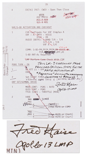 Fred Haise Signed Apollo 13 Flight Notes for rapid activation of Aquarius during the emergency conditions on Apollo 13!