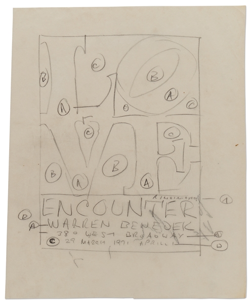 Robert Indiana Signed LOVE Sketch -- Indianas Draft for the Artwork Promoting the Encounter Exhibition at the Warren Benedek Gallery in 1973