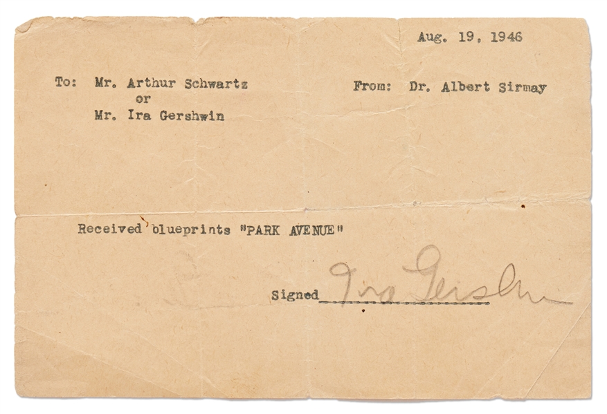 Ira Gershwin Signed Receipt for Park Avenue Musical Blueprints
