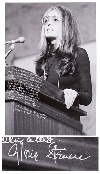 Gloria Steinem Handwritten 16 x 20 Photo with an Excerpt from Her "Address to the Women of America"