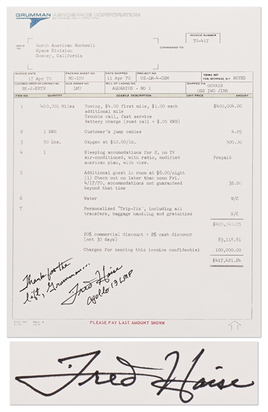 Fred Haise Signed Souvenir Copy of the Infamous Grumman Towing Invoice for Apollo 13