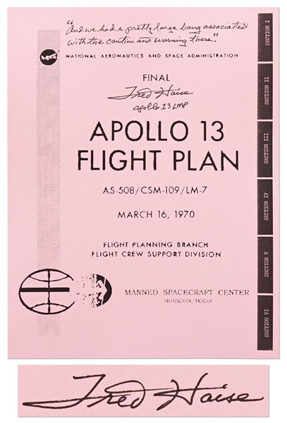 Fred Haise Signed Copy of the Apollo 13 Flight Plan -- ...we had a pretty large bang...