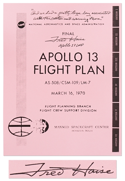 Fred Haise Signed Copy of the Apollo 13 Flight Plan -- ...we had a pretty large bang...
