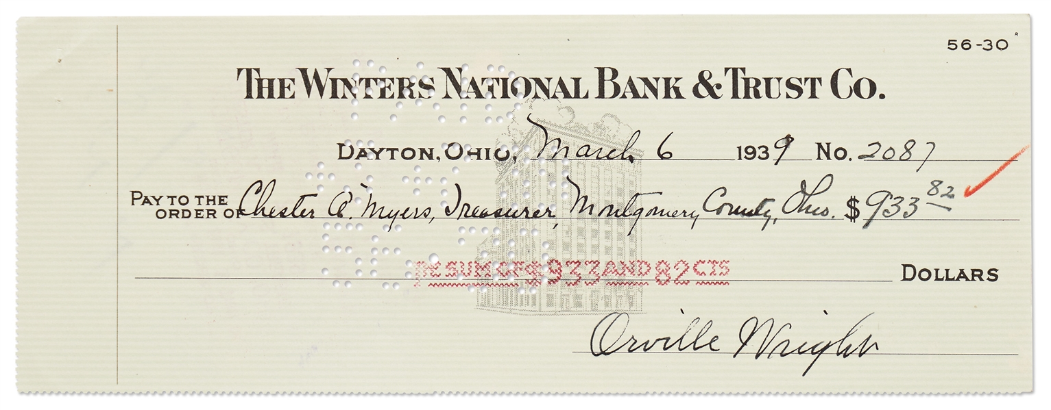 Orville Wright Holograph Check Signed