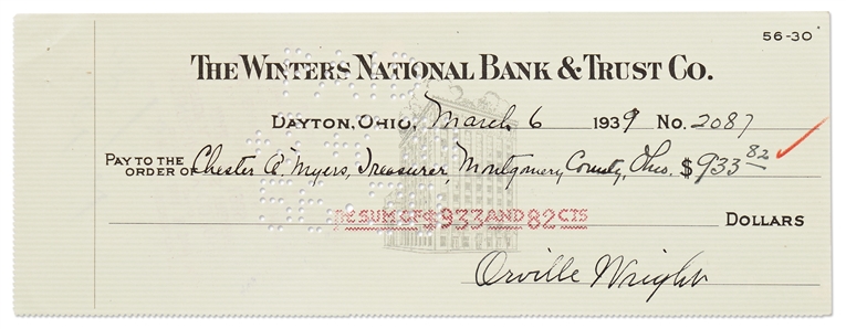 Orville Wright Holograph Check Signed