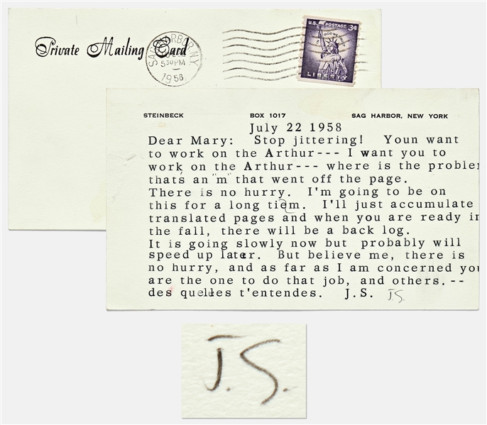 John Steinbeck Postcard Signed J.S. -- Steinbeck Writes to His Typist Regarding Working on Arthur: Stop jittering!...you are the one to do that job.