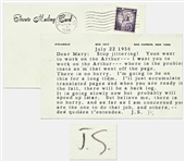 John Steinbeck Postcard Signed J.S. -- Steinbeck Writes to His Typist Regarding Working on Arthur: Stop jittering!...you are the one to do that job.