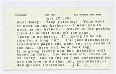 John Steinbeck Postcard Signed ''J.S.'' -- Steinbeck Writes to His Typist Regarding Working on ''Arthur'': ''Stop jittering!...you are the one to do that job.''