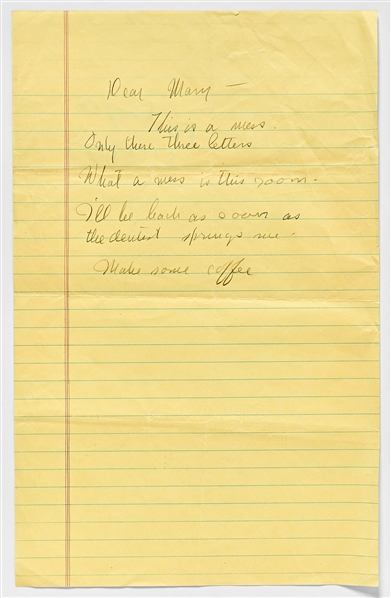 John Steinbeck Autograph Note -- This is a mess...What a mess is this room...