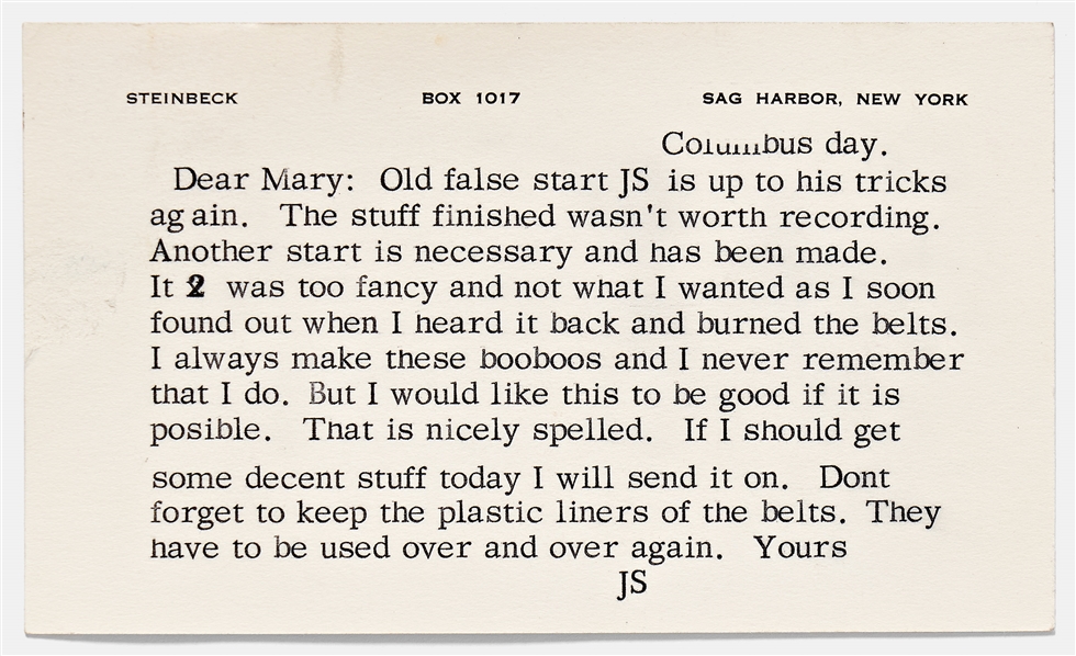 John Steinbeck Postcard Referring to Himself in the Third Person -- ...Old false start JS is up to his tricks again...