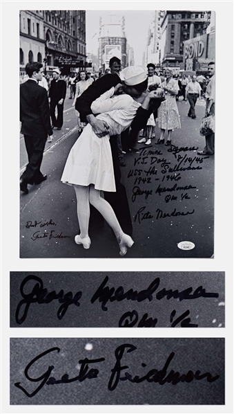 Photo of the Iconic Times Square Kiss to Celebrate the End of World War II, Signed by the Couple Greta Friedman & George Mendonsa -- Photo Measures 11 x 14, With JSA COA