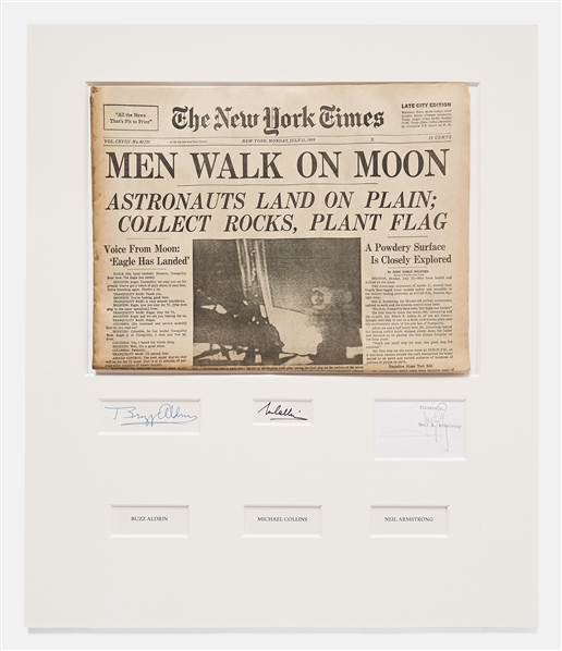 Signatures by All Three Apollo 11 Astronauts, Displayed with an Original New York Times Announcing the Moon Landing