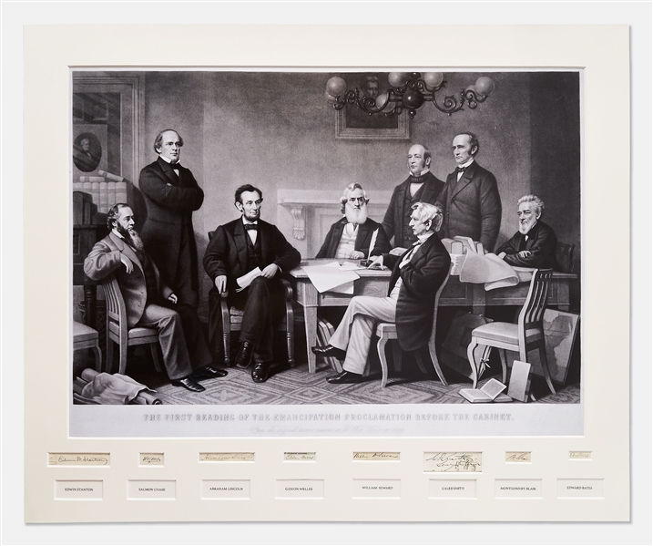 Abraham Lincoln & His Entire Cabinet Signed Display with a Photograph of the Reading of the Emancipation Proclamation -- Measures Over 39 x 32