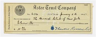 Theodore Roosevelt Handwritten & Signed Check, Paid to The Harvard Club of New York -- With University Archives COA