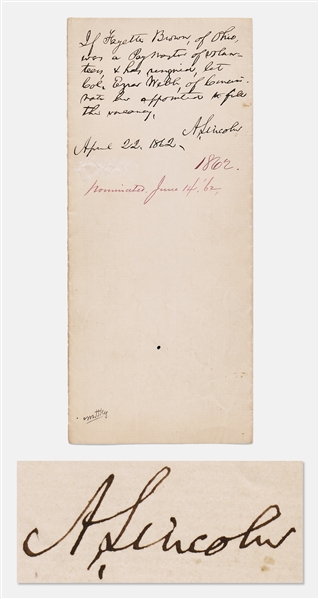 Abraham Lincoln Autograph Endorsement Signed as President -- Lincoln Finds a Place in the Army for a Potential Paymaster