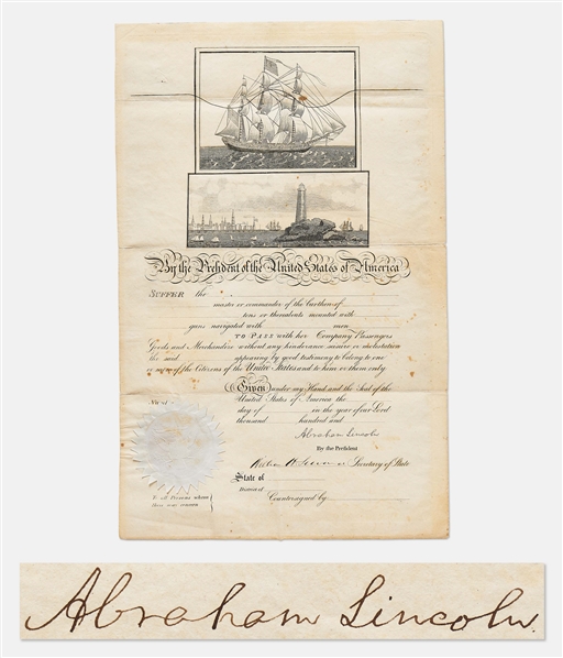 Abraham Lincoln Signed Ships Passport -- Unaccomplished 