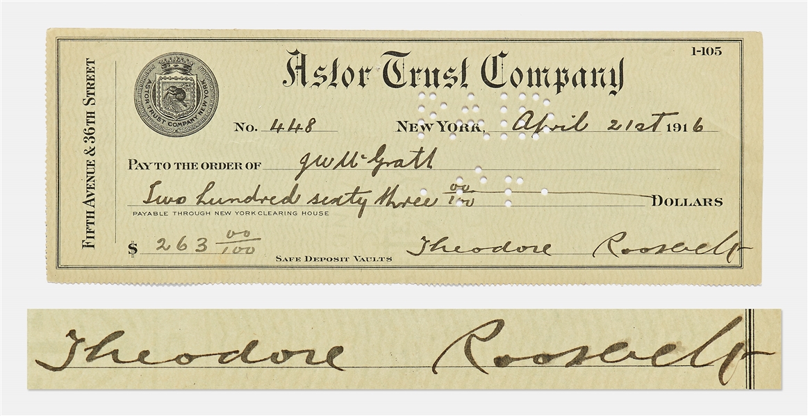 Theodore Roosevelt Handwritten & Signed Check -- With University Archives COA
