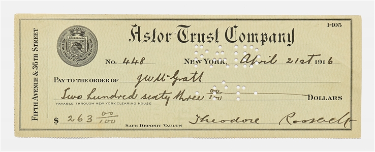 Theodore Roosevelt Handwritten & Signed Check -- With University Archives COA