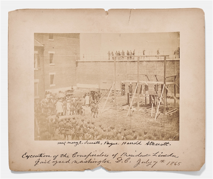Large Albumen Photograph of the End of the Conspirators -- Alexander Gardner Period Photograph Shows the Hanging of Abraham Lincolns Conspirators