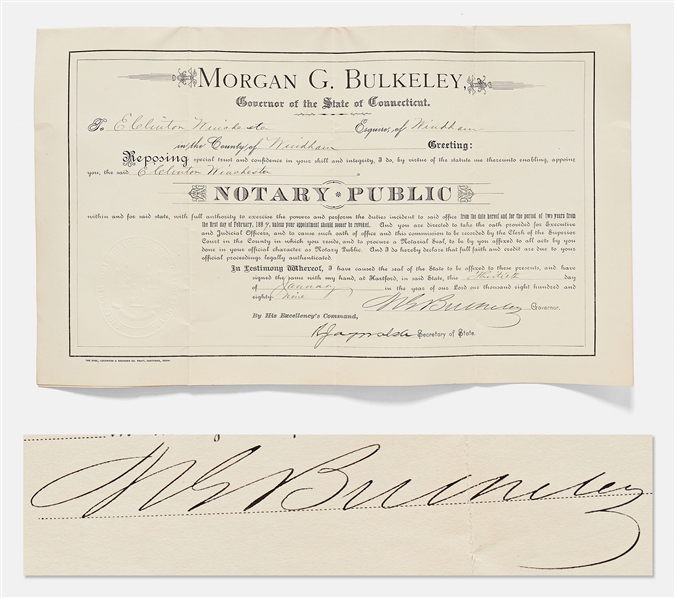 Morgan Bulkeley Document Signed as Governor of Connecticut -- Bulkeley Served as the First President of Baseballs National League in 1876